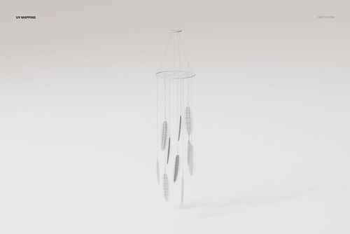 Front view of a 3D model wind chime with multiple feather-shaped elements hanging from thin strings on a circular frame.