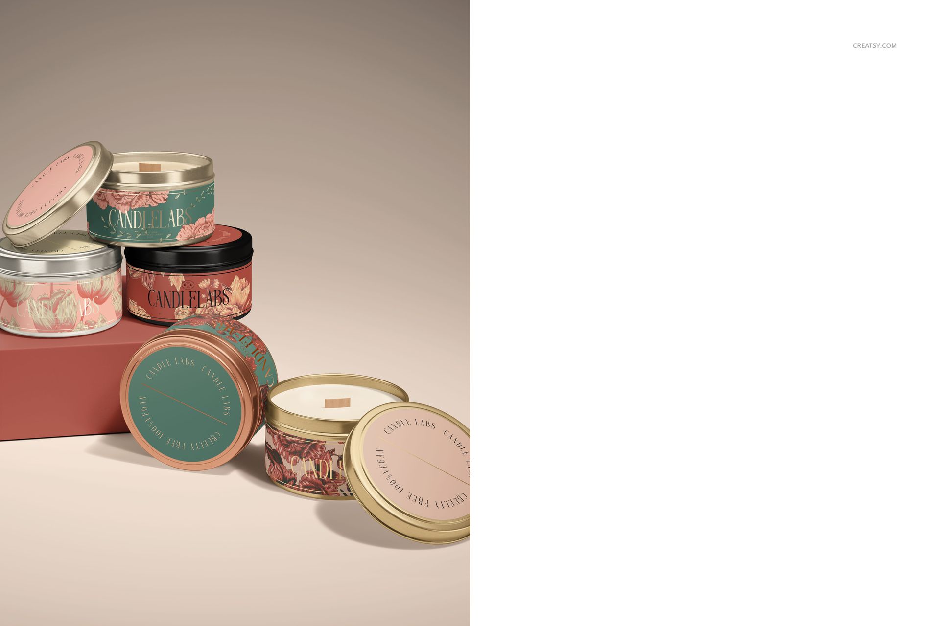 PSD mockup of several small candle tins, some stacked and one open, showing floral designs and soft lighting.