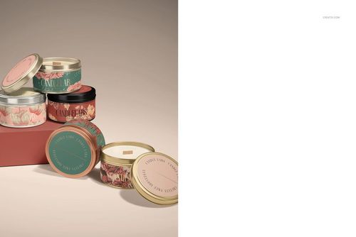 PSD mockup of several small candle tins, some stacked and one open, showing floral designs and soft lighting.