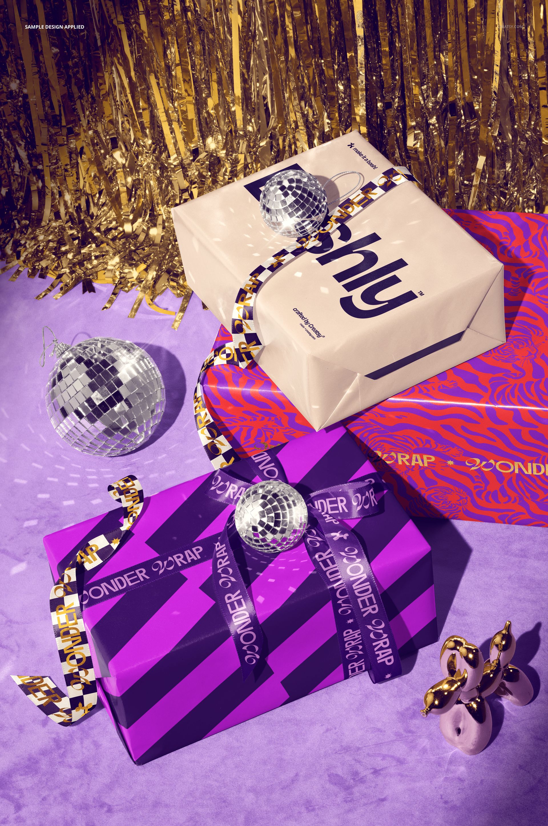 Disco Gifts Wrapped in Wrapping Paper and Satin Ribbon Mockup - mockup screenshot 3