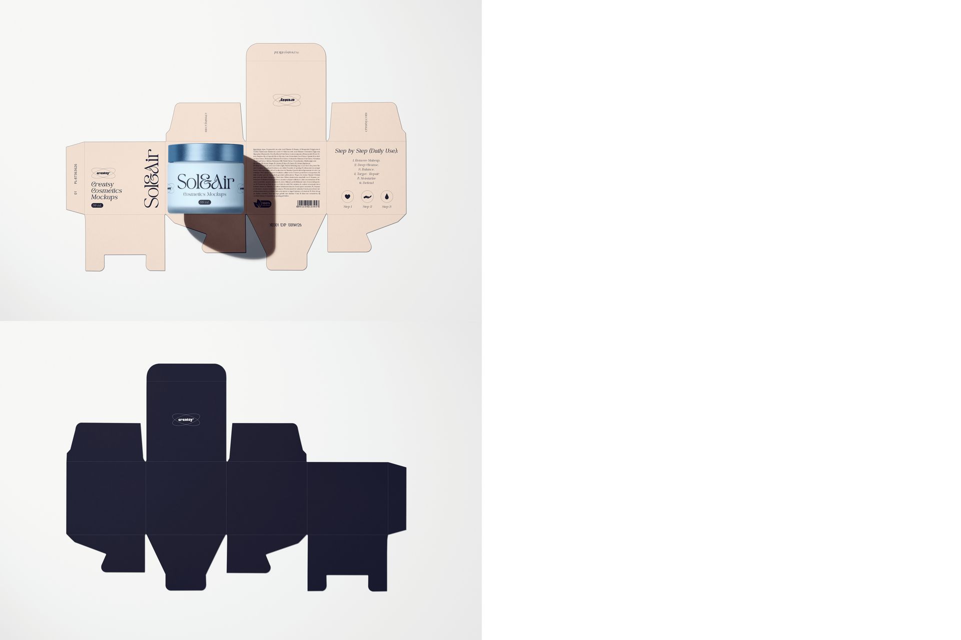 Front view of two unfolded cosmetic packaging box mockups, one beige with blue accents and one solid dark blue.