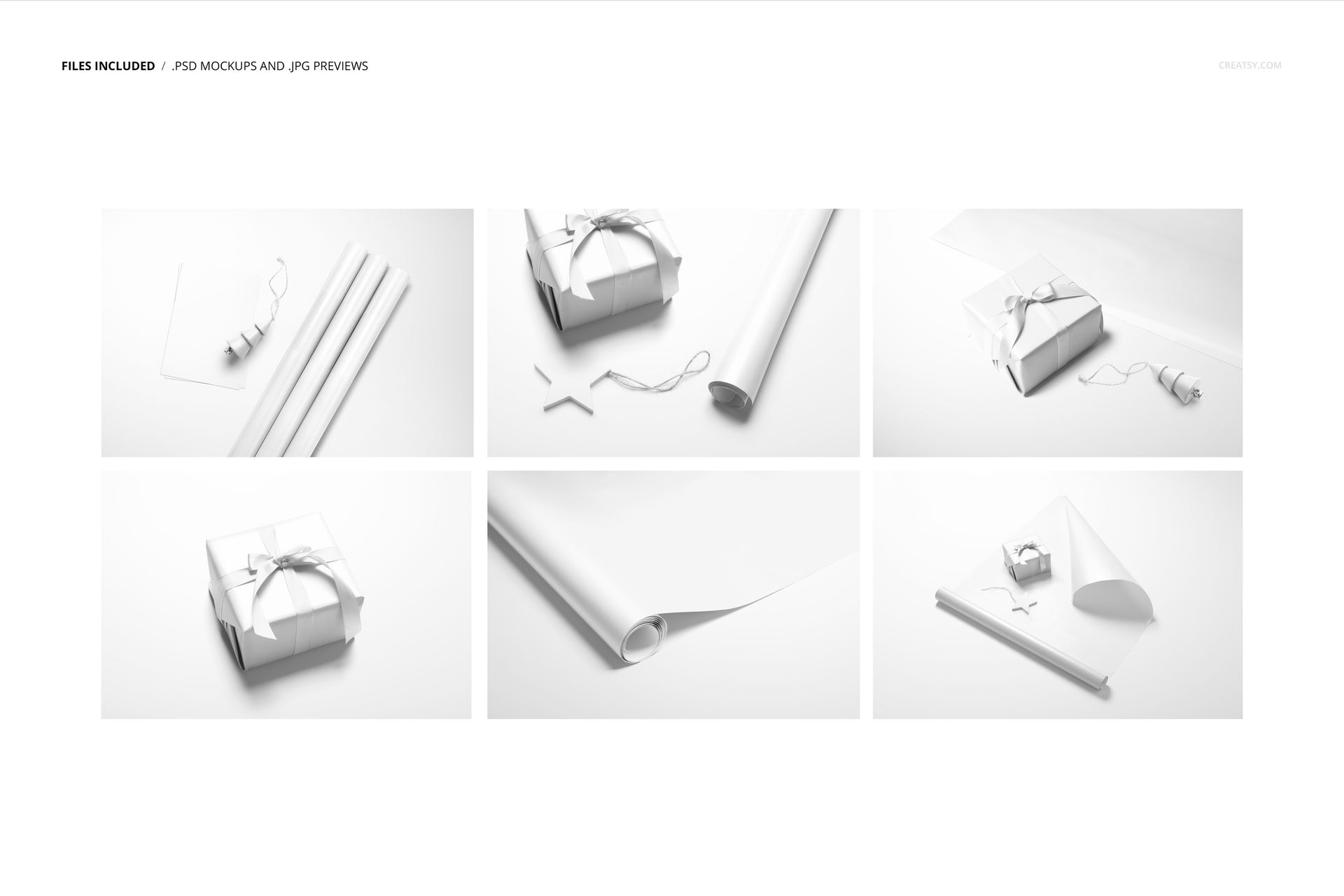Set of gift wrapping paper mockups showing white sheets, rolls, and wrapped boxes from various angles on a plain surface.