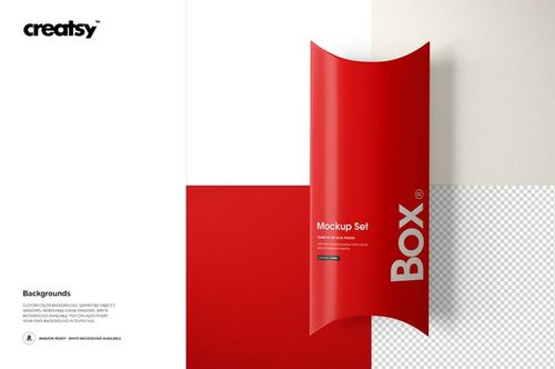 Red pillow box mockup shown from above, featuring glossy finish and positioned on a geometric split background.