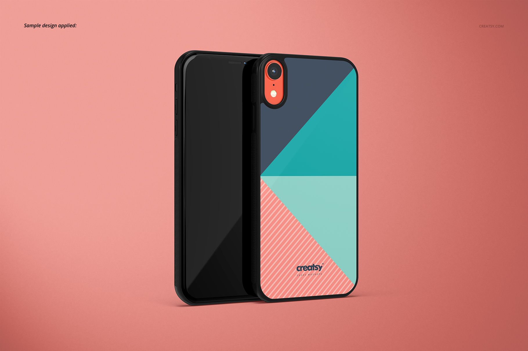 Black iPhone XR 2D case mockup featuring a colorful geometric design, displayed against a solid pink backdrop.