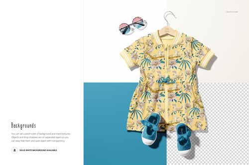 Front view of a baby dress with a yellow botanical pattern, blue shoes, and sunglasses on a hanger, shown in a mockup scene.