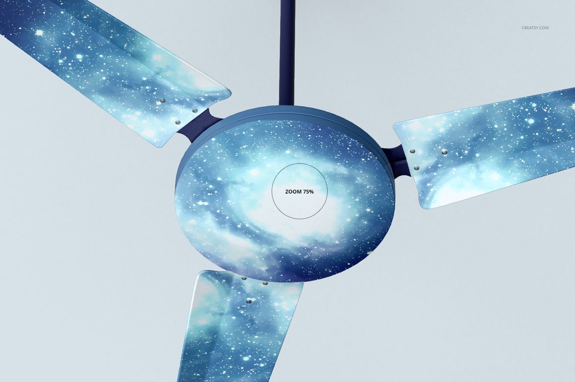 Three-blade ceiling fan mockup with a cosmic blue and white star pattern, viewed from directly beneath in a neutral setting.