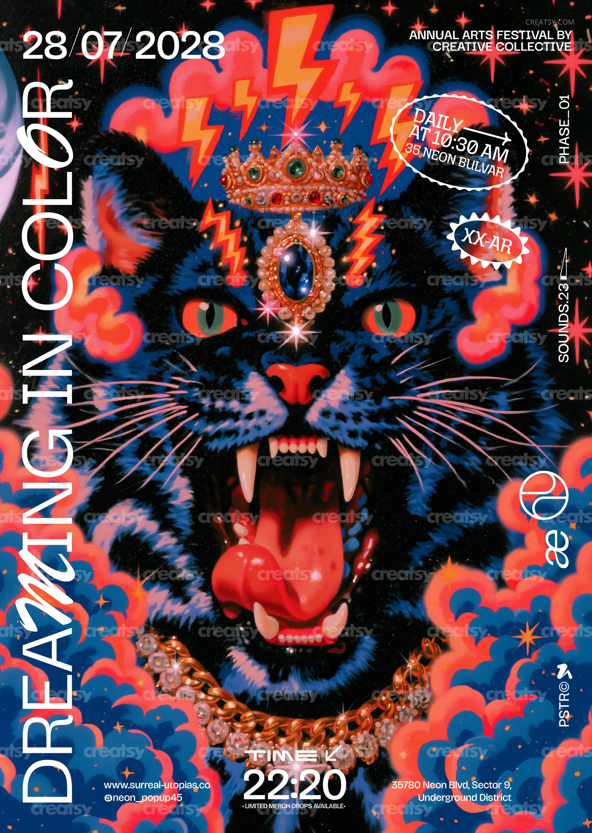 PSD mockup of a poster displaying a mystical cat face, surrounded by electric patterns and bold graphic details.
