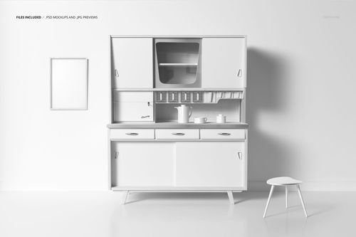 Front view of a white kitchen cupboard mockup with closed cabinets, shelves, dishes, and a small stool in a minimal room.