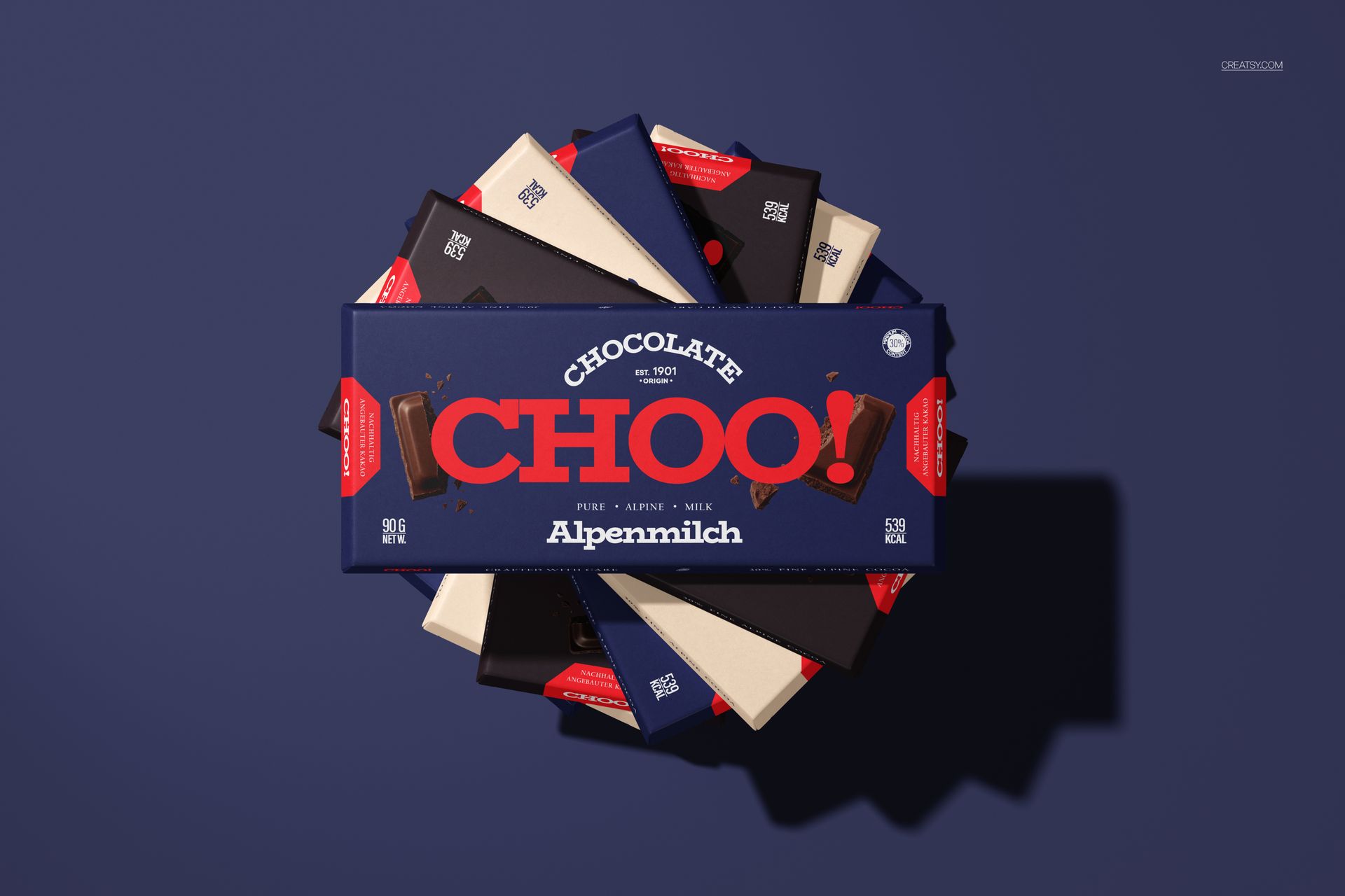 Trapezoidal chocolate bar folding box mockup with blue and cream packaging, shown from a top view arrangement.