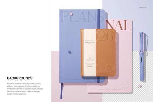 Flat lay of leather calendar and notebook mockup with embossed text, shown in soft blue, tan, and pink tones alongside a pen.