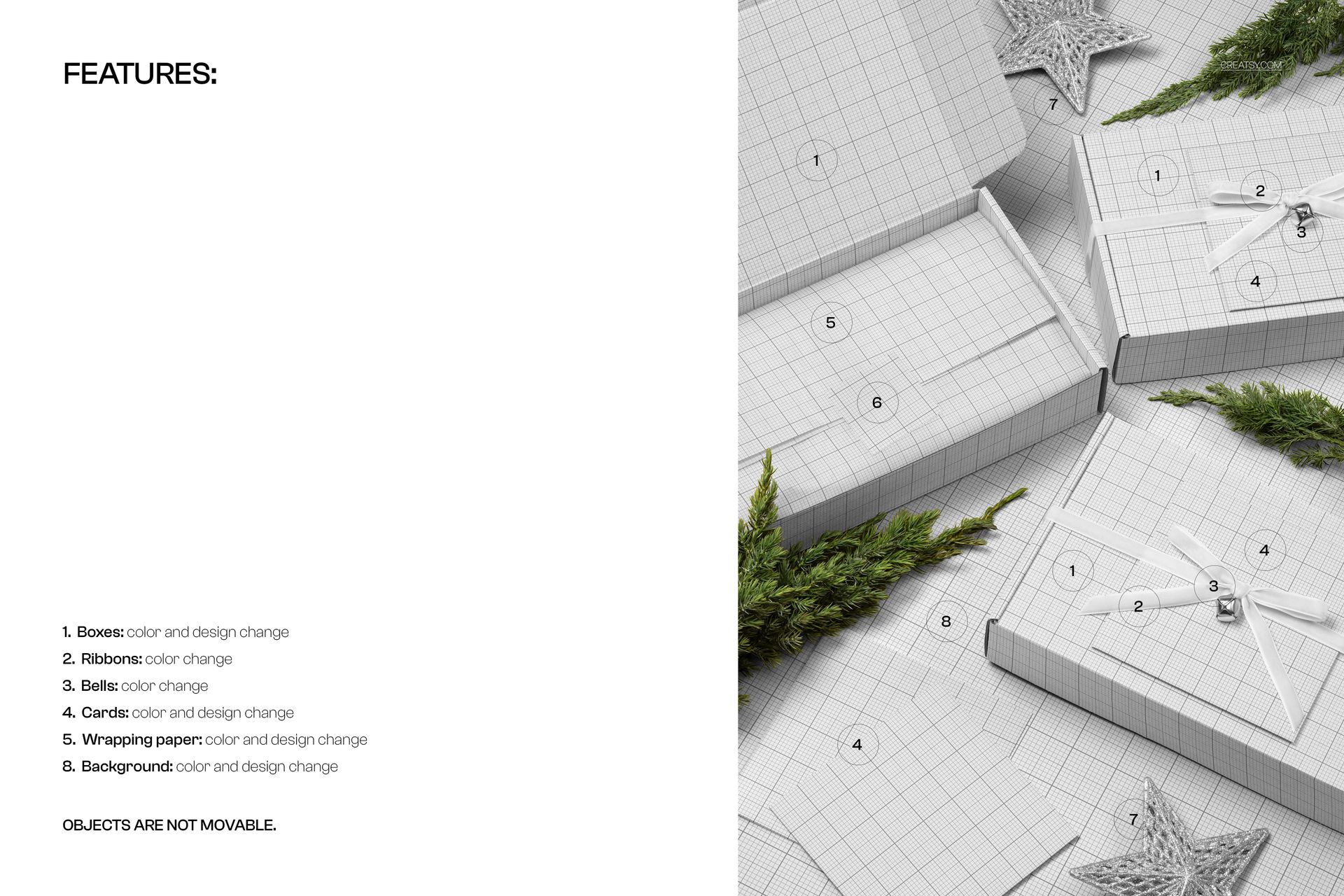 Top view of holiday gift mailing boxes mockup with grid pattern, velvet ribbons, cards, and Christmas decorations.