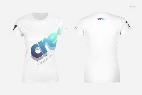 Front and back view of a white unisex T-shirt mockup with blue and teal gradient text design on a plain background.