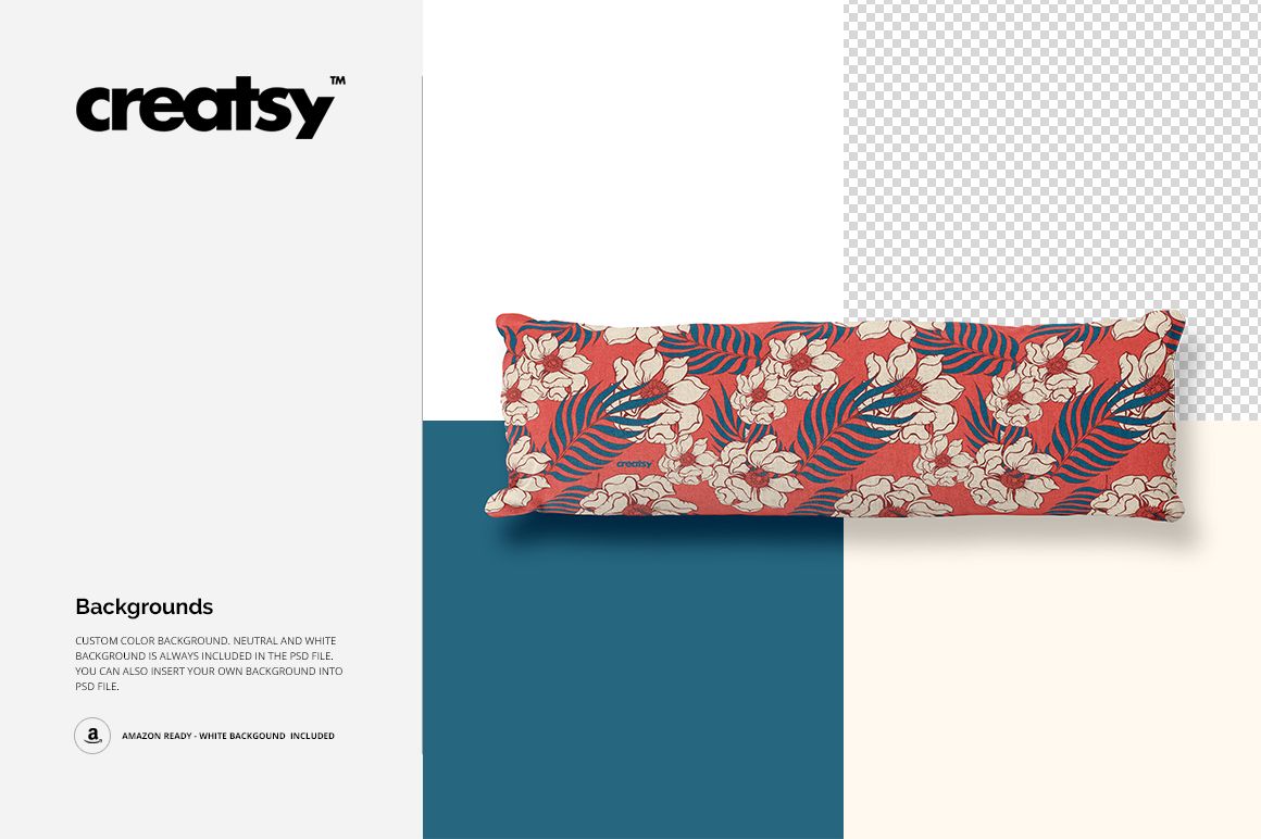 Long pillow mockup featuring a tropical floral design in white and red, displayed on a multi-colored background.