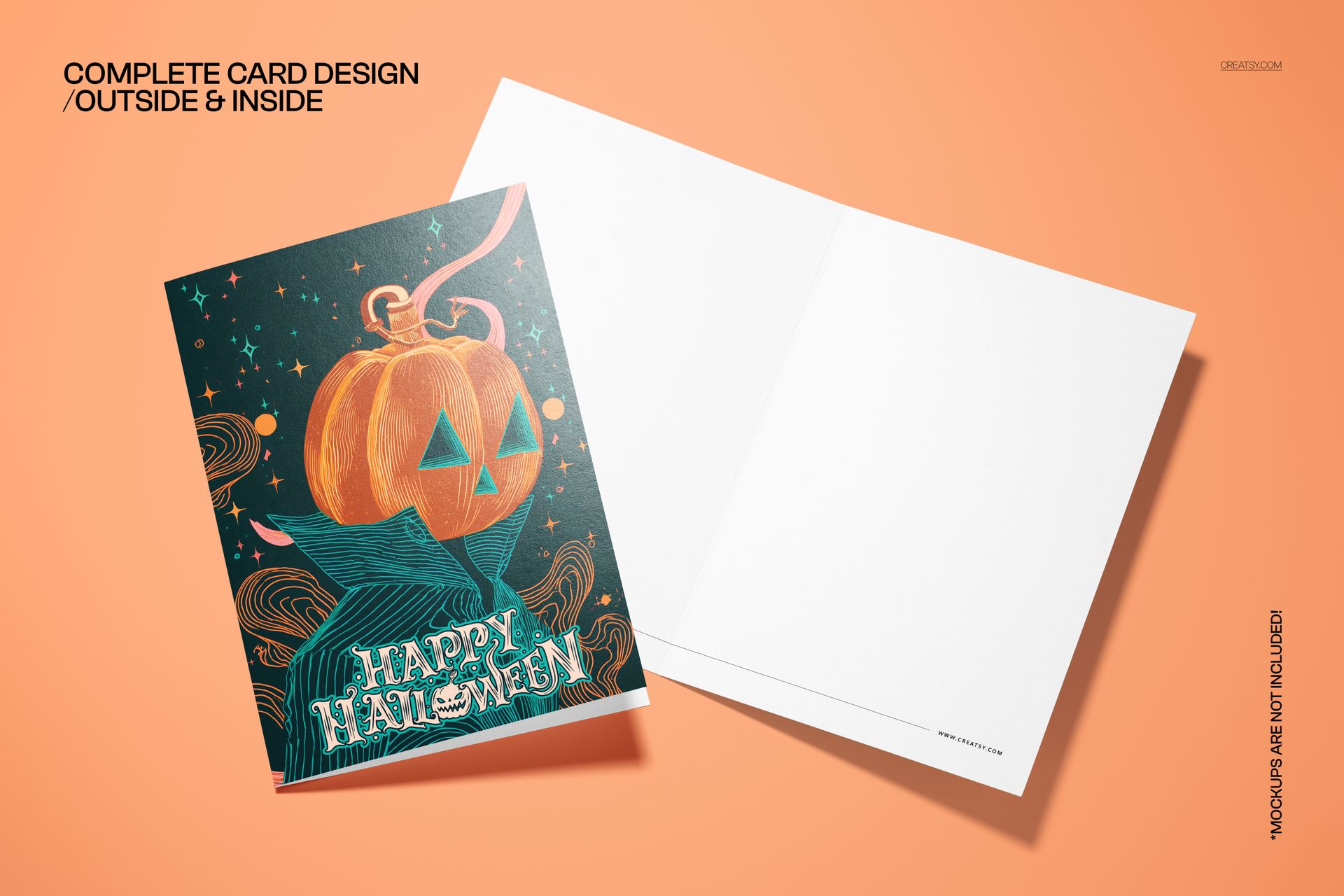 Front view of a folded Halloween card mockup with neon pumpkin illustration and phantom motifs on an orange surface.