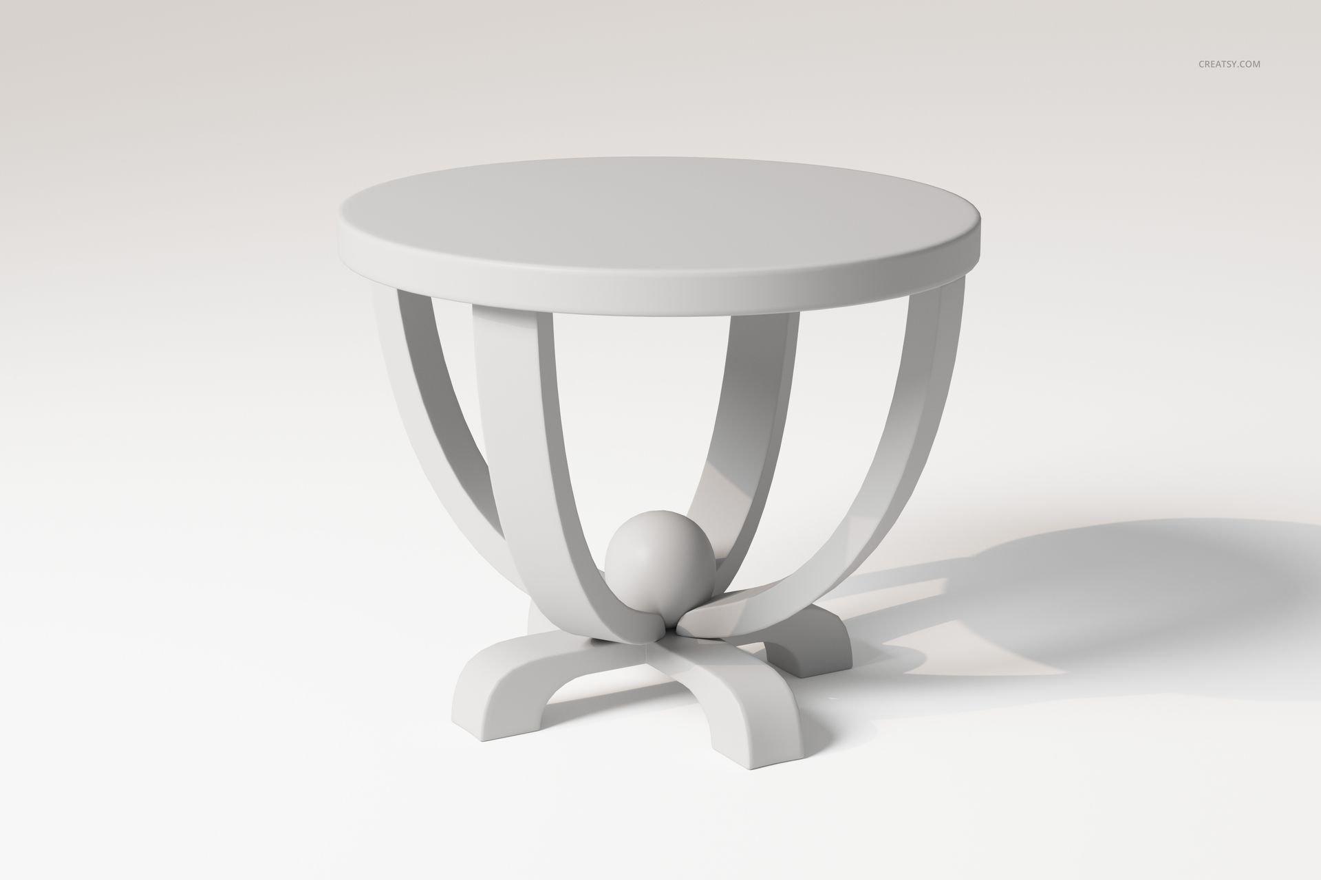 Round coffee table with art deco design, featuring curved legs and a central sphere, shown on a white background.