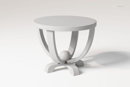 Round coffee table with art deco design, featuring curved legs and a central sphere, shown on a white background.