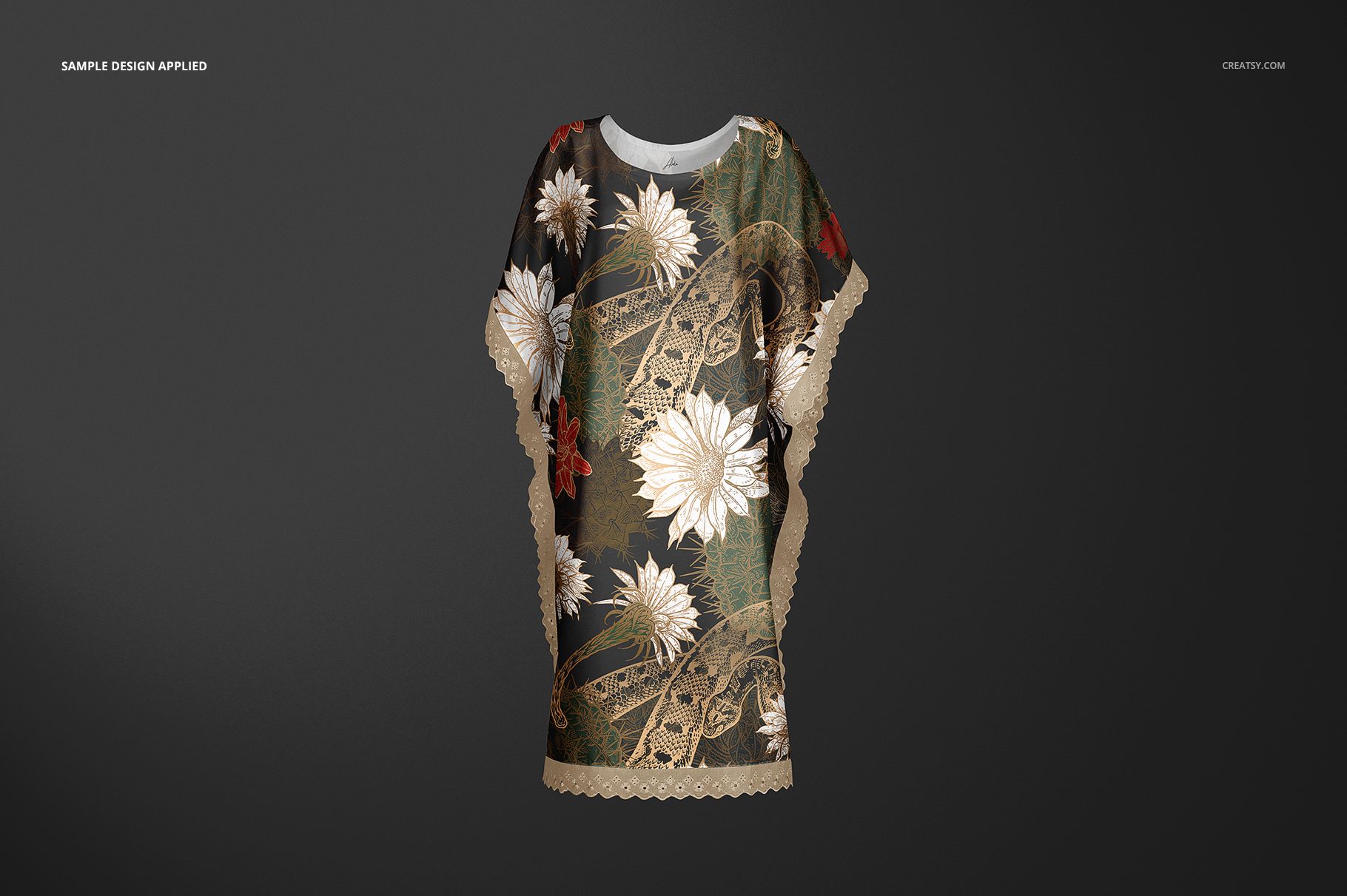 Front view of a kaftan mockup with a floral pattern, featuring large white flowers and beige lace trim on dark fabric.