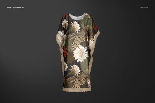 Front view of a kaftan mockup with a floral pattern, featuring large white flowers and beige lace trim on dark fabric.