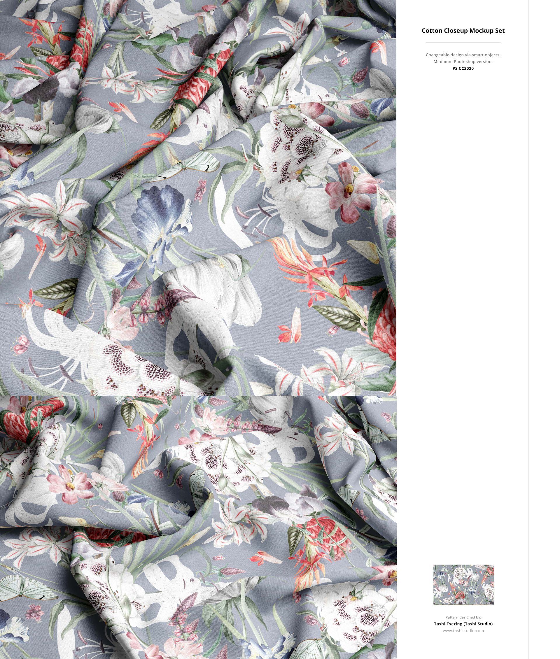 Close-up of draped fabric featuring a detailed flower and leaf design in pastel shades, presented as a mockup.