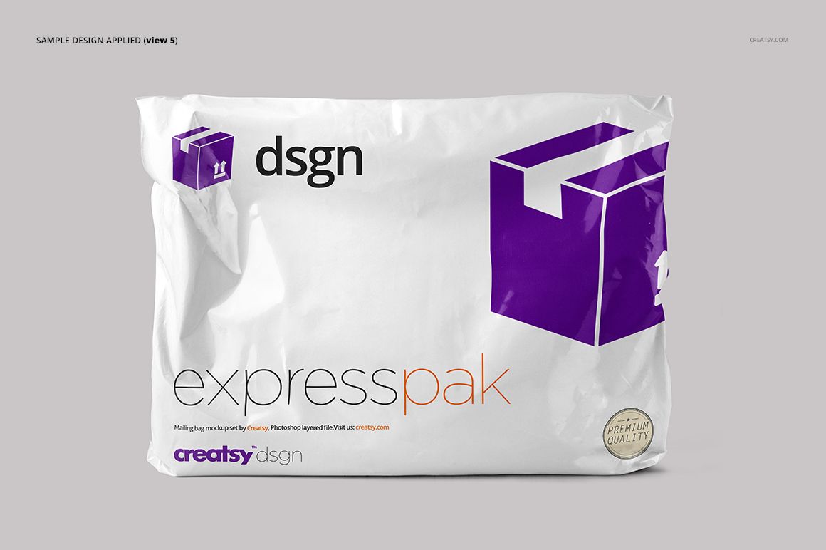 White packaging bag mockup featuring a large purple box illustration and bold black lettering, viewed from the front.