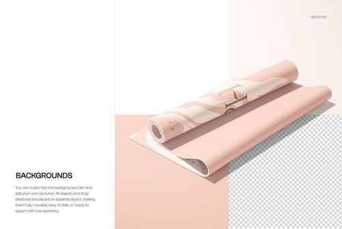 Rolled workout yoga mat mockup in soft pink with geometric pattern, shown on a light surface with shadows.