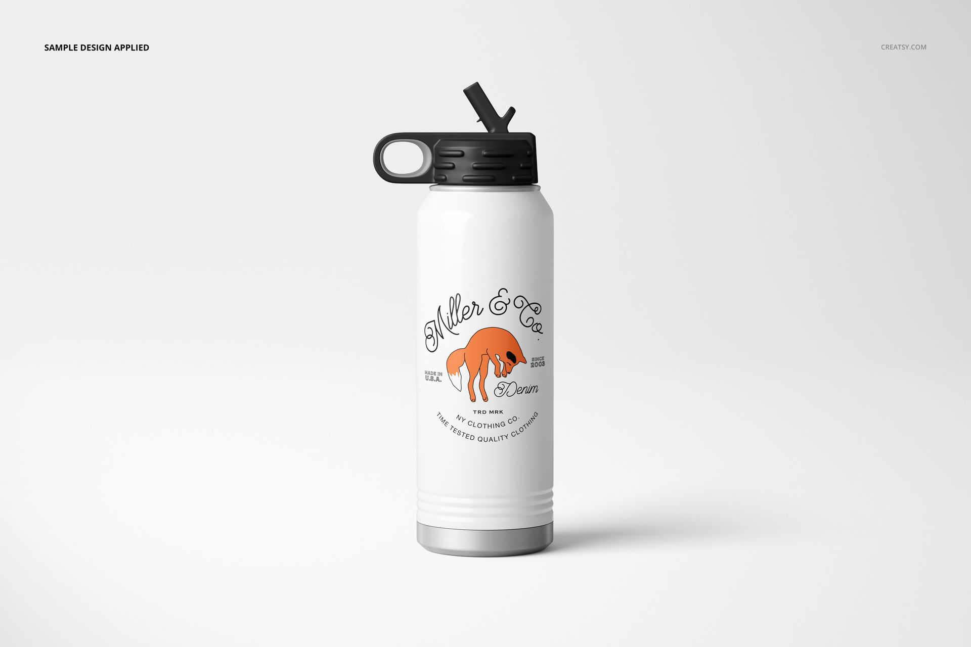 Front view of a white water bottle mockup with black top and custom graphic, placed against a light, minimal backdrop.