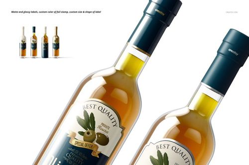 PSD mockup showing multiple olive oil bottles with matte and glossy label finishes, arranged on a clean backdrop.