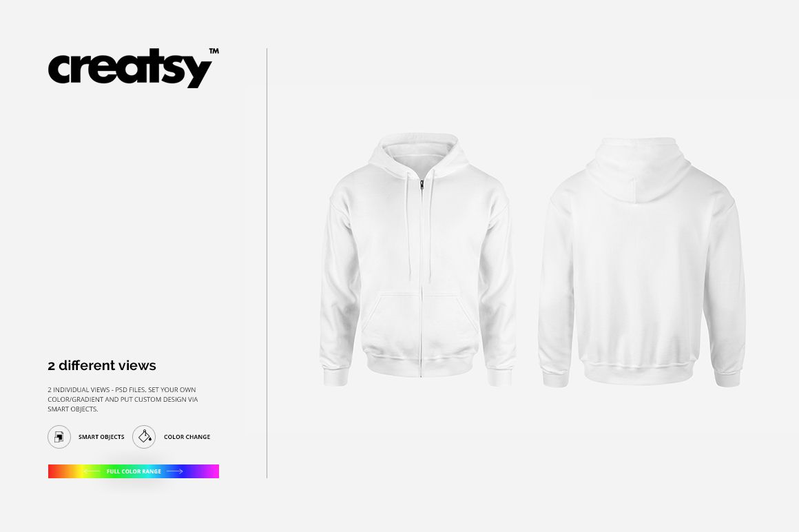 Men's zip up hoodie mockup showing front and back views of a plain white hoodie on a light background.