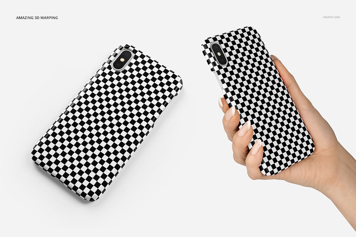iPhone X plastic case mockup featuring a black and white checkered design, displayed flat and in a hand on white.