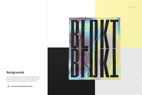 Fleece blanket mockup with bold black text design, displayed flat on a geometric background with multiple colors.