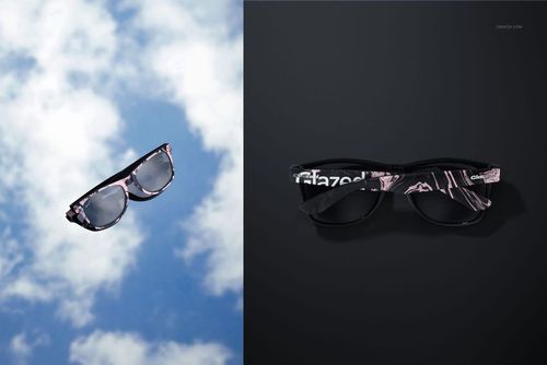 Two custom printed sunglasses mockups, one floating against a blue sky with clouds, the other on a dark background.