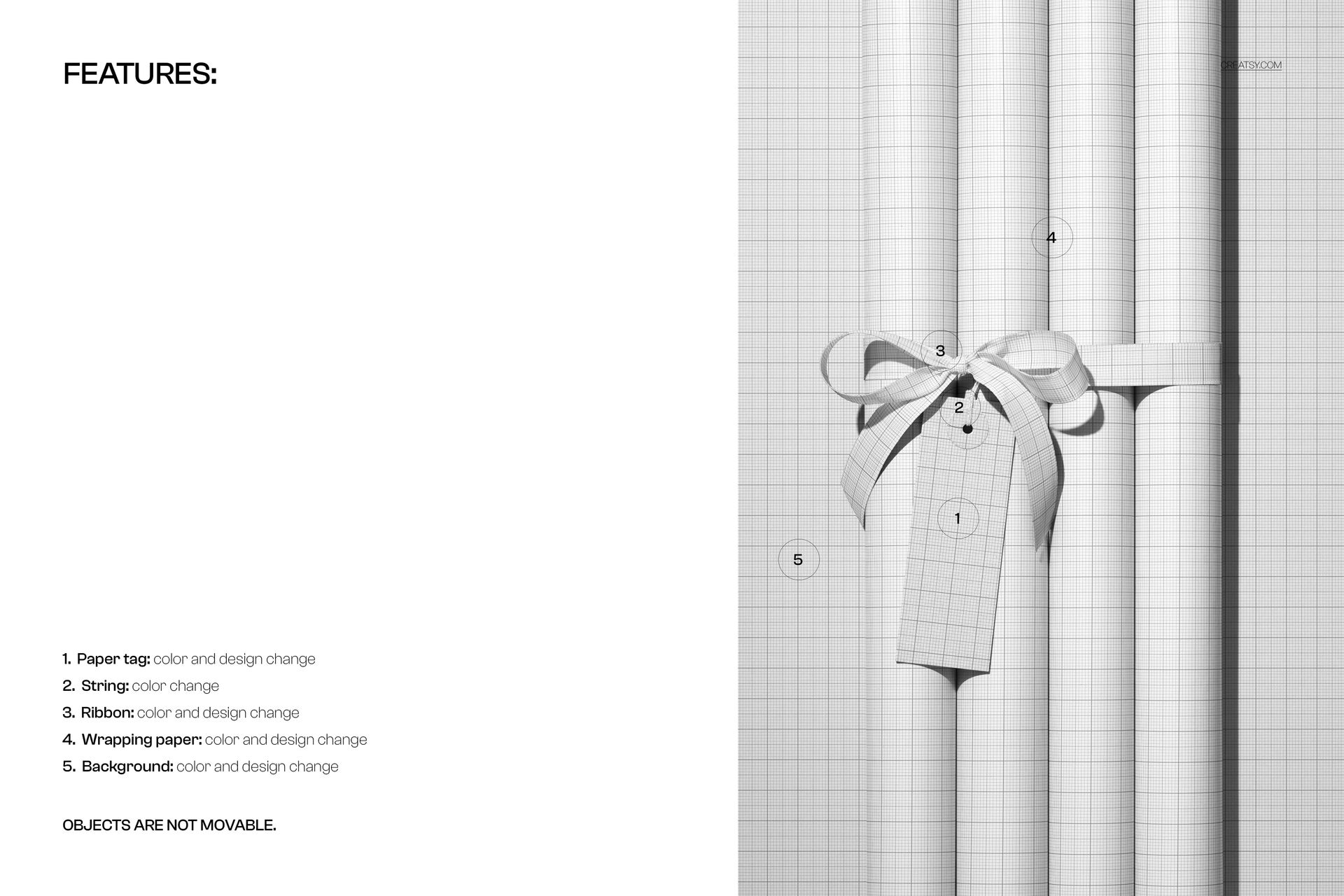 Four vertical wrapping paper rolls tied with a ribbon and a paper tag, shown in a front view mockup scene.