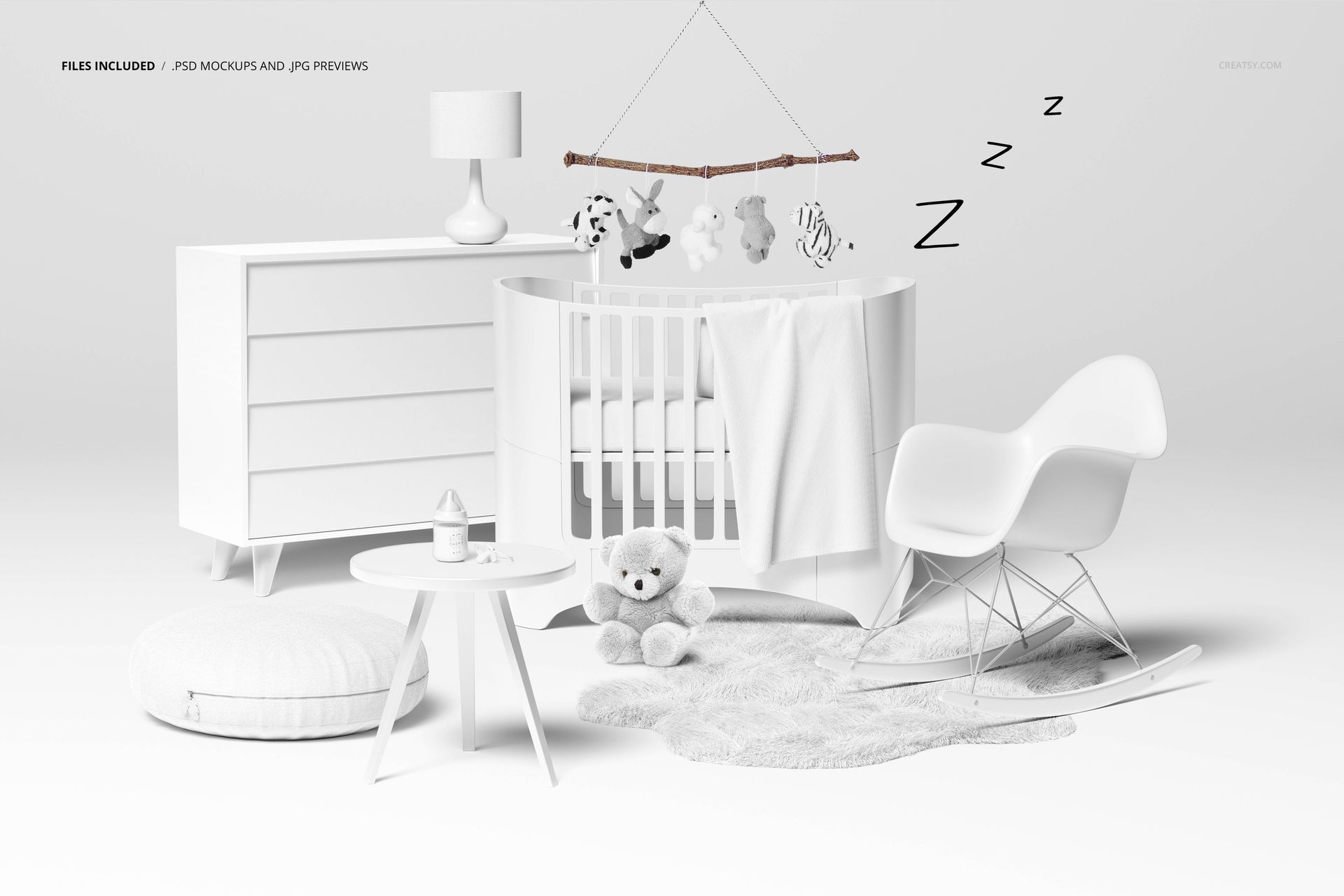 Minimalist baby room mockup featuring a white crib, dresser, rocking chair, and plush teddy bear from a front view.