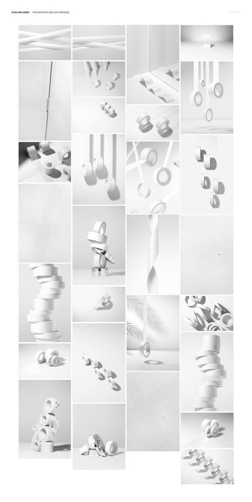 A collection of packaging tape mockups featuring white rolls shown stacked, hanging, and scattered in different scenes.