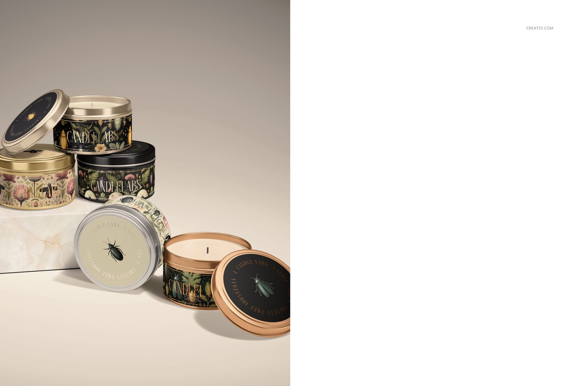 Assorted candle tin mockups arranged on a light background, showing detailed botanical artwork and gold accents.