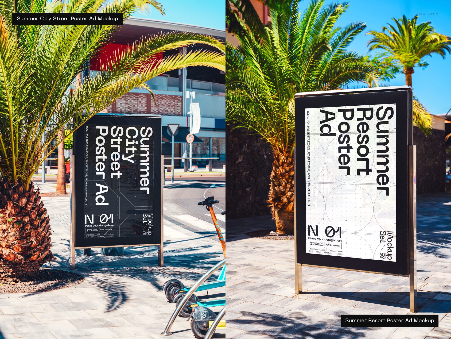 Two outdoor advertising poster mockups displayed on city sidewalks, surrounded by palm trees and urban buildings.