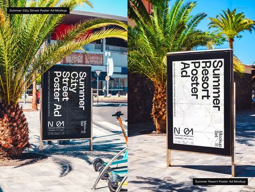 Two outdoor advertising poster mockups displayed on city sidewalks, surrounded by palm trees and urban buildings.
