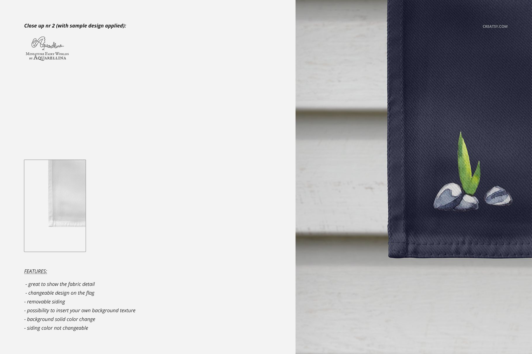 Close-up front view of a large house flag mockup with a dark fabric and a small green plant with stones design in the corner.