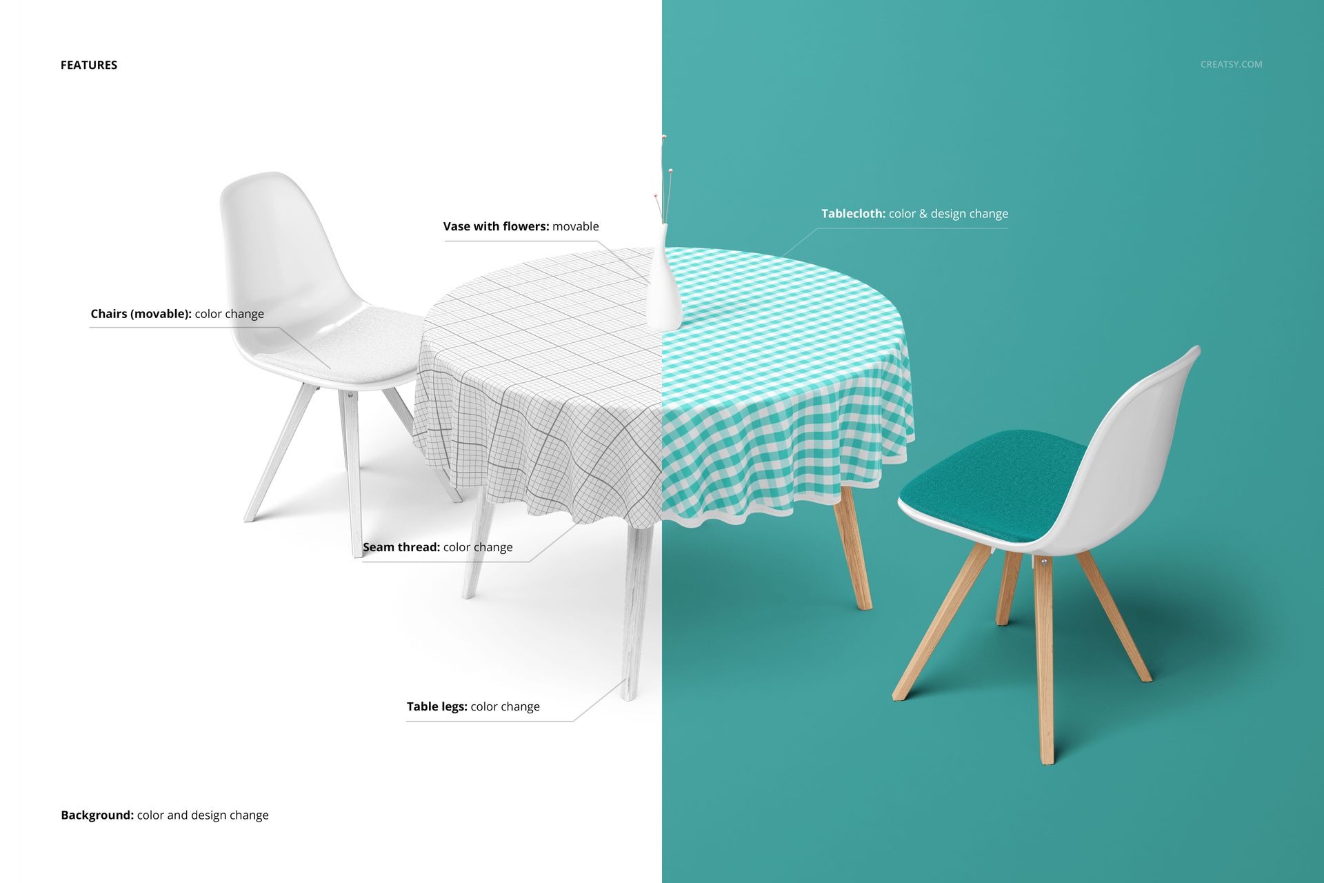 Round tablecloth mockup featuring a split scene with grid and checkered patterns, two white chairs, and a vase with flowers.