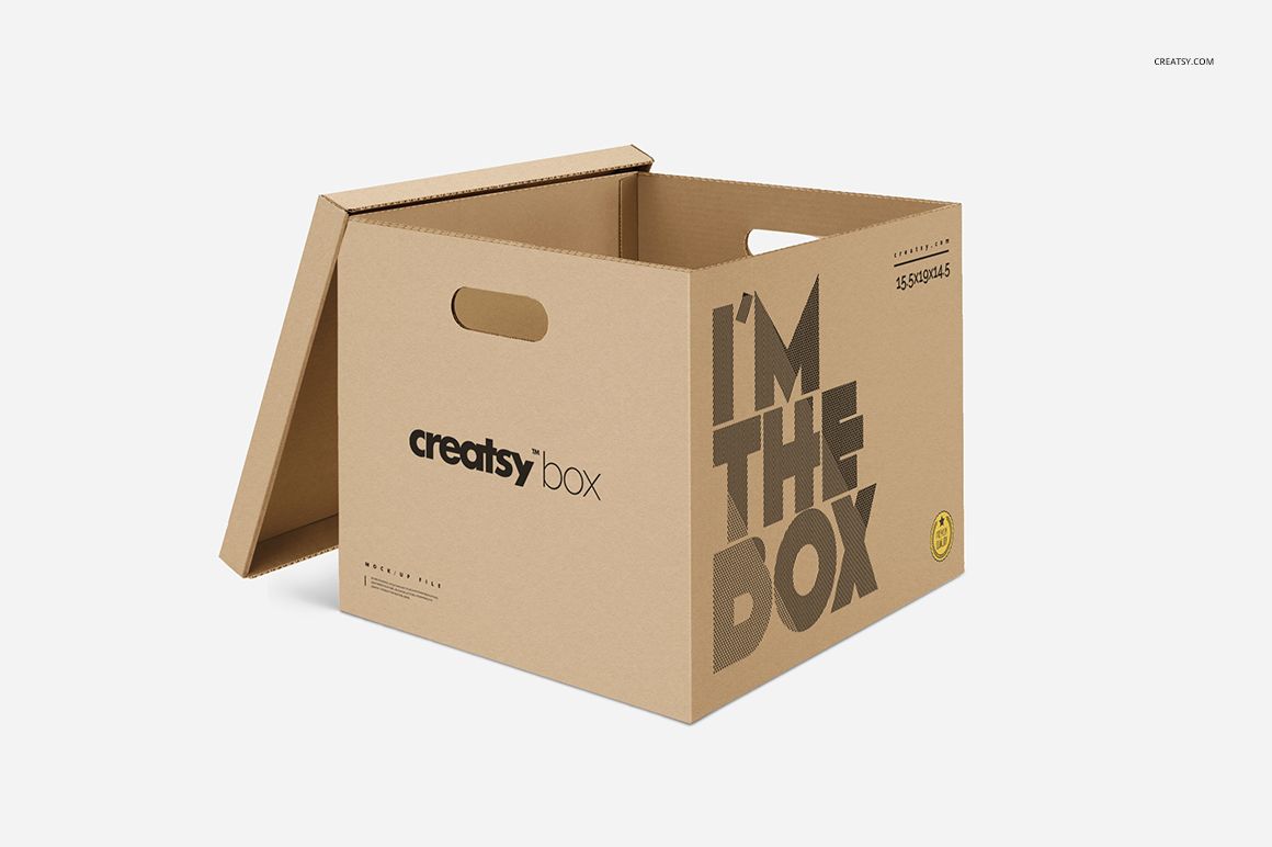 PSD mockup of an open moving box made of kraft cardboard, featuring printed graphics and neutral white backdrop.