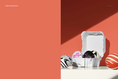 PSD mockup featuring a group of patterned Easter eggs in and around a white box, illuminated by angled sunlight.