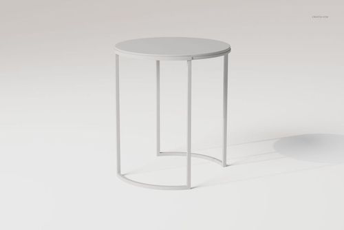 Minimalist loft style side table with round white top and slim metal legs, shown from a front angle on a plain background.