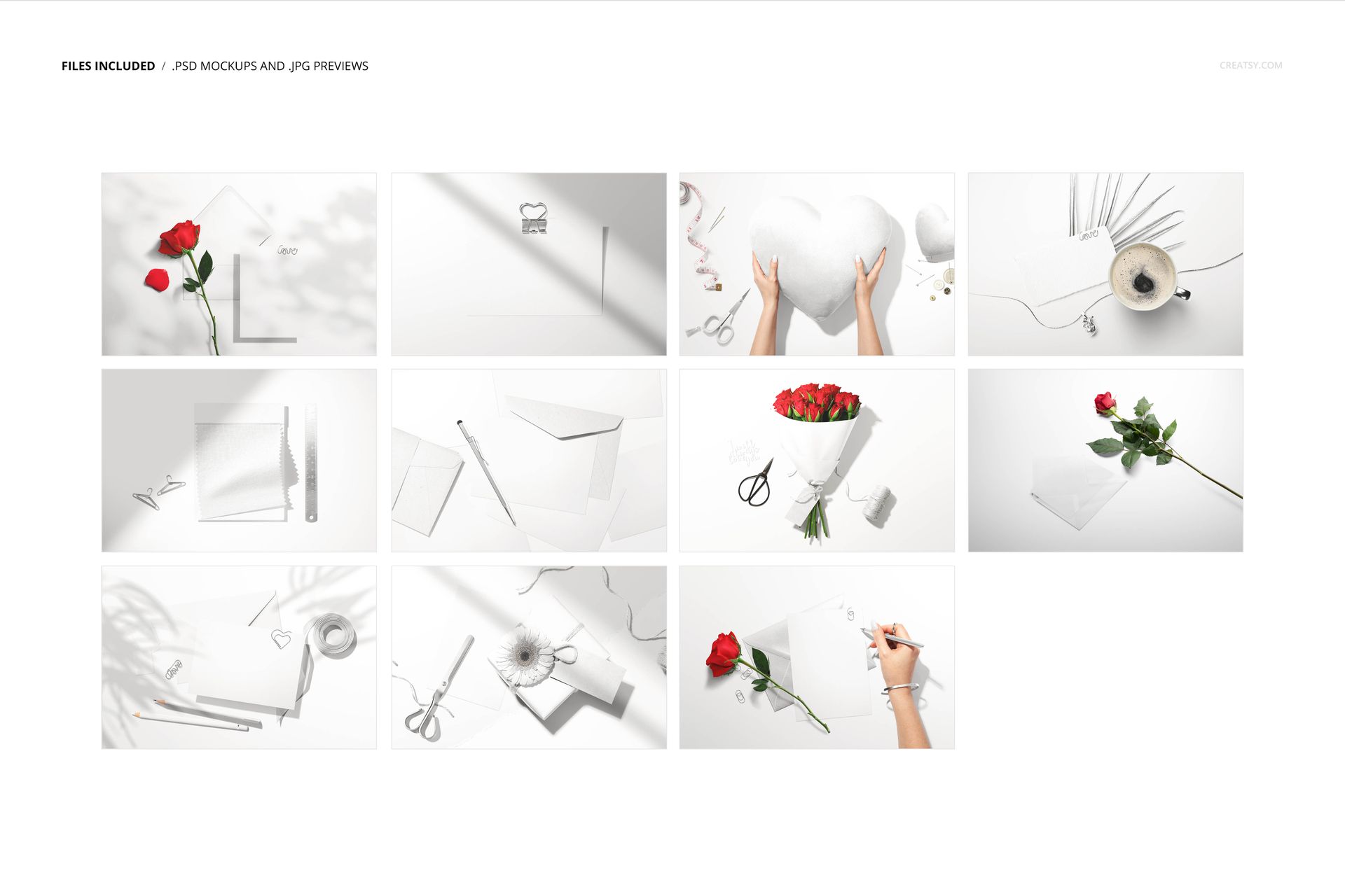 Valentine-themed stationery mockup set featuring cards, envelopes, roses, ribbon, and various desk props on white backgrounds.