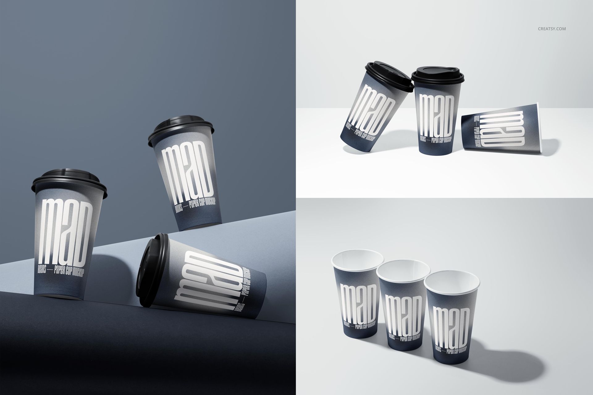 Paper cup PSD mockup with three cups in assorted positions, highlighting dark lids and minimalist white typography.
