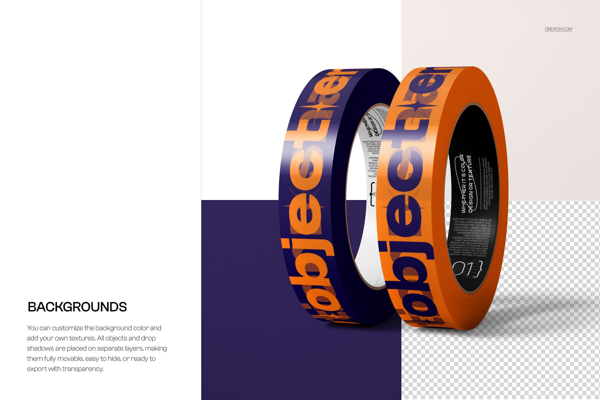 Mockup of two narrow duct tape rolls, featuring orange color and large blue lettering, shown standing on edge.