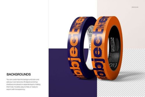 Mockup of two narrow duct tape rolls, featuring orange color and large blue lettering, shown standing on edge.