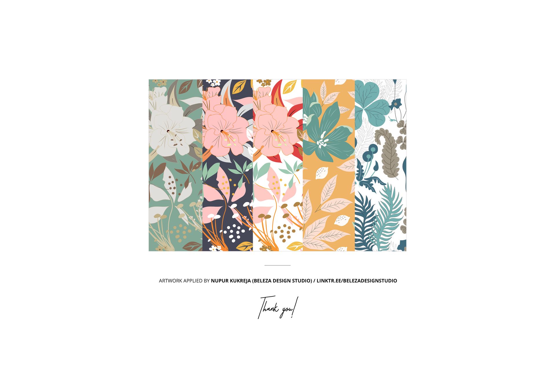 Front view of fanned cotton fabric stack mockup with varied floral and leaf designs in multiple colors.