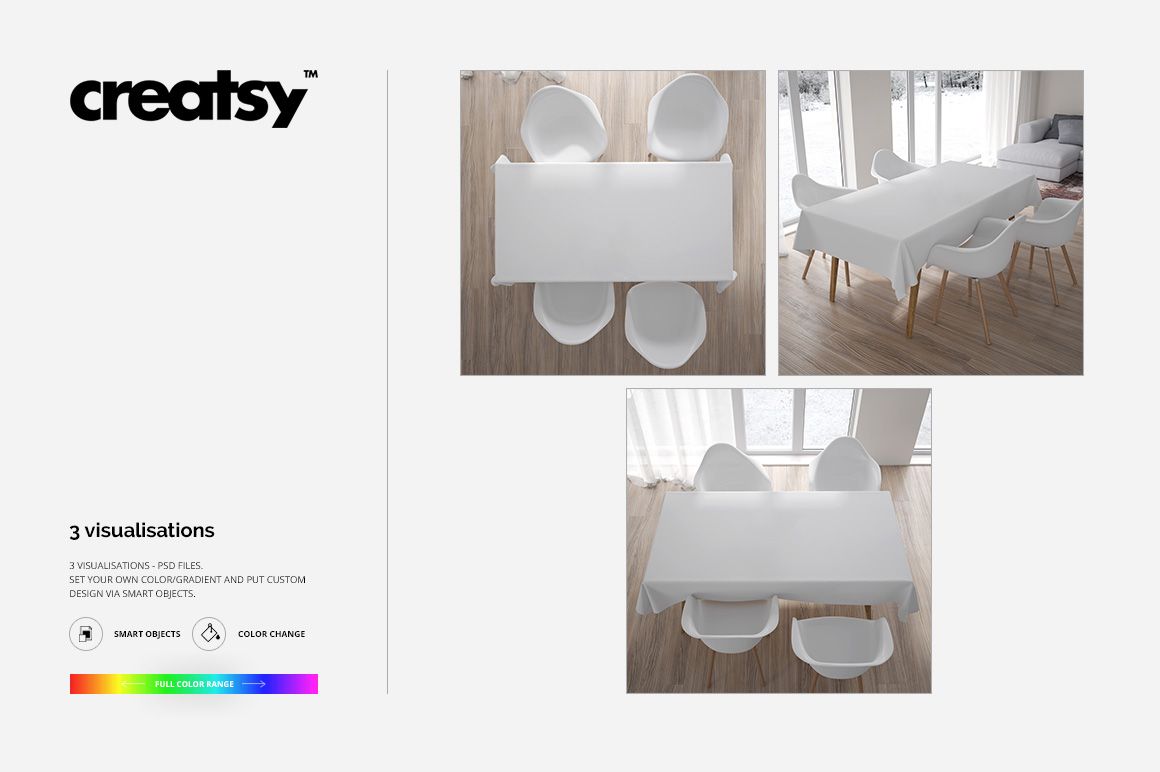 Table textiles mockup set featuring a white rectangular tablecloth on a dining table with modern white chairs, shown from top and side views.
