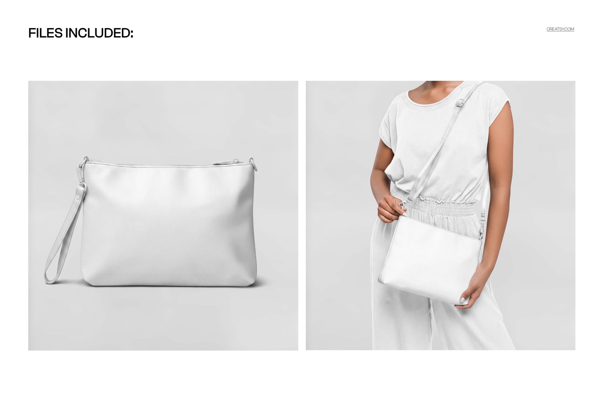 Crossbody bag mockup featuring a plain white handbag with a wrist strap, shown in front and held by a person.