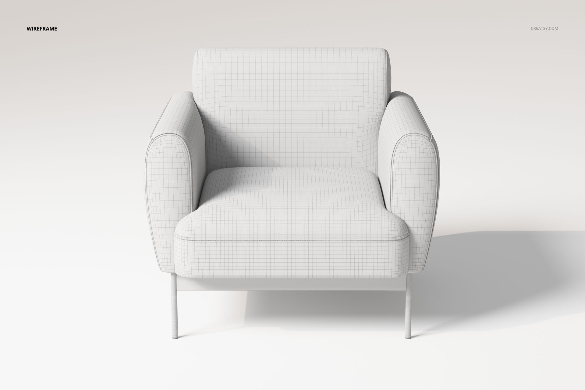 Front view of a puffy lounge chair 3D model with a grid wireframe texture, set against a plain light background.